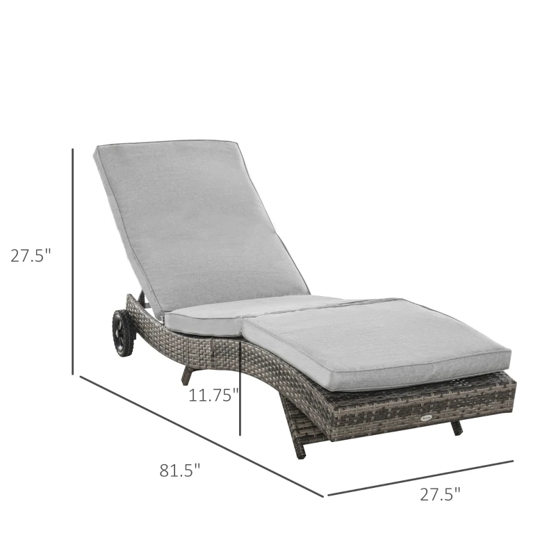 Outsunny Outdoor Adjustable Wicker Chaise Lounge Chair with Cushion & Wheels for Patio, Deck, Poolside, Grey