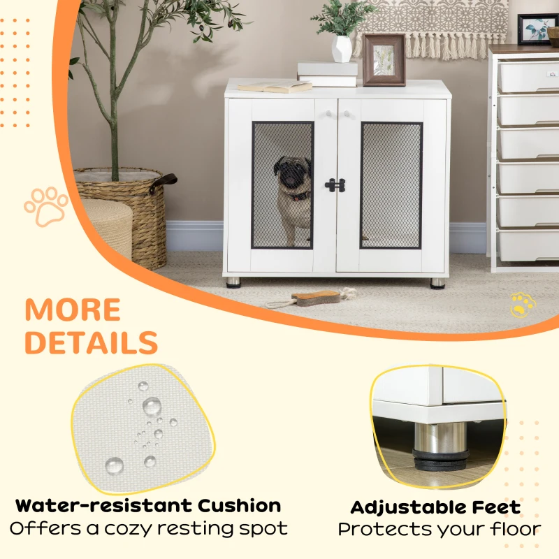 PawHut Dog Crate Furniture with Water-resistant Cushion, Dog Crate End Table with Double Doors, Indoor Pet Crate for Small Medium Dogs Indoor Use, White