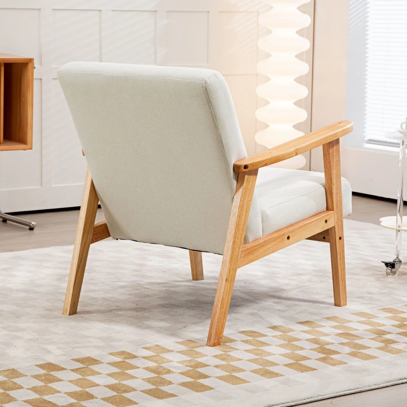 HOMCOM Mid-Century Modern Accent Chair Retro Fabric Armchair Wooden Arm Upholstered Lounge Chair for Living Room Cream White