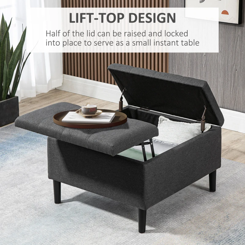 HOMCOM 30" Square Storage Ottoman, Upholstered Ottoman Coffee Table with Lift Top, Button Tufted and Wood Legs, Accent Footstool for Living Room, Dark Gray