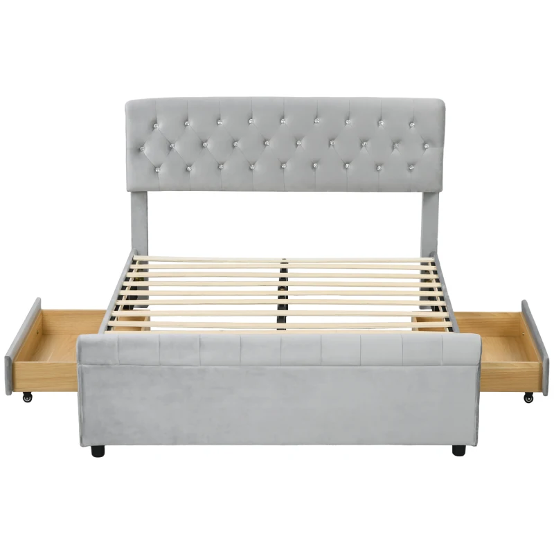 HOMCOM Full Bed Frame with Headboard, Double Bed Frame with 2 Drawers, No Box Spring Needed, Easy Assembly, Light Grey