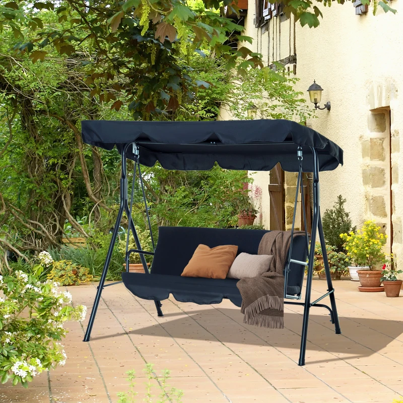 Outsunny Metal 3-Seater Porch Swing with Stand Outdoor Patio Swing with Canopy Cushioned Garden Lounger Black