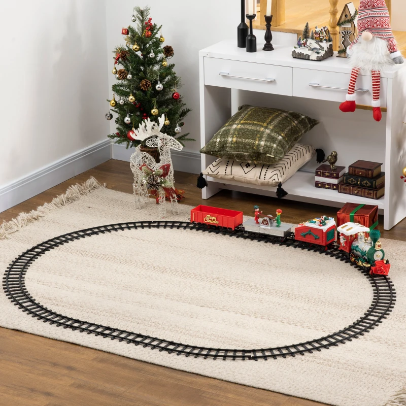 Qaba Electric Train Set for Kids, Battery-Powered Christmas Train Toy Set with Sounds & Lights, Classic Toy Train Set with Gifts Box for 3-8 Years Old Boys Girls, Red