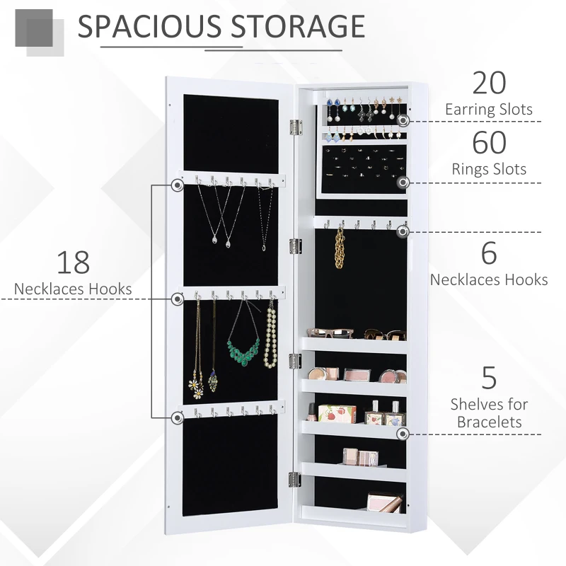 HOMCOM Mirror Jewellery Cabinet Armoire with Full Length Mirror, Wall Mounted Jewellery Organizer, White