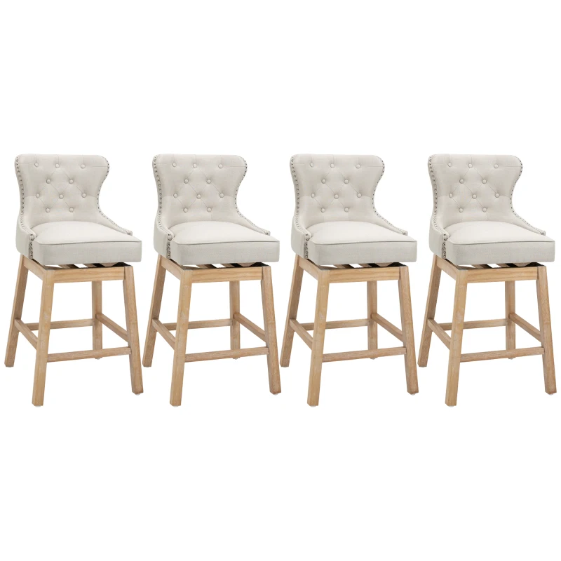 HOMCOM Upholstered Fabric Bar Height Bar Stools, 180° Swivel Nailhead-Trim Pub Chairs, 30" Seat Height with Rubber Wood Legs, Set of 4, Cream