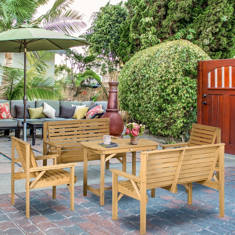 Outsunny 5 Piece Wooden Patio Dining Set for 6, Outdoor Conversation Set with 2 Armchairs, 2 Loveseats, and Dining Table with Umbrella Hole for Backyard, Garden, Light Brown