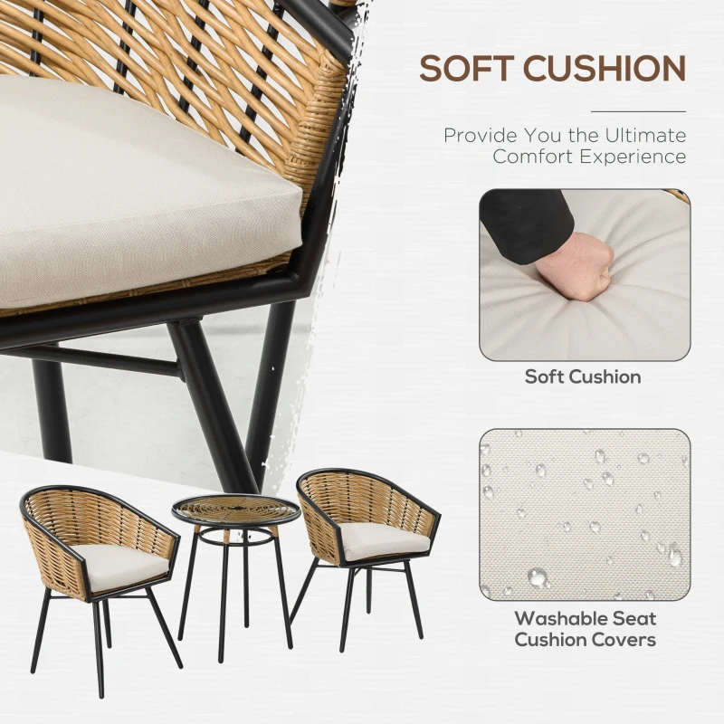 Outsunny 3 Piece Patio Set, Outdoor Bistro Furniture, PE Rattan Wicker Table and Chairs, Cushioned, Barrel Style, Cream White