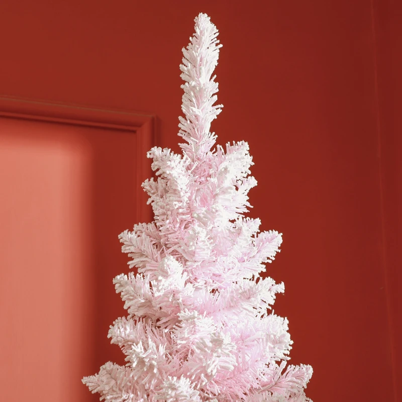 HOMCOM 7ft Pencil Christmas Tree, Slim Artificial Christmas Tree with Snow Flocked Branches and Warm White LED Lights, Pink