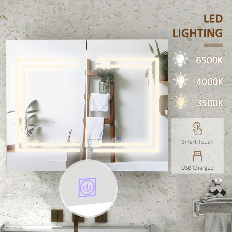 kleankin Bathroom Mirror Cabinet with Light, Bathroom Storage Cupboard with USB Charge, Adjustable Shelf, 31.5"W x 25.5"H, White