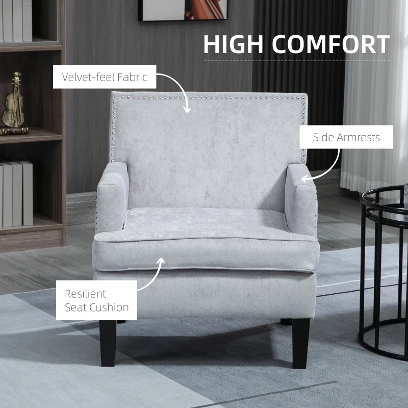 HOMCOM Modern Accent Chair Velvet Armchair, Light Gray