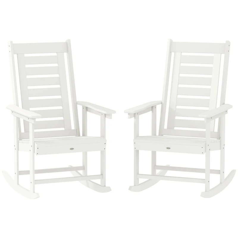 Outsunny 2 Pieces Outdoor Rocking Chairs, HDPE Patio Rockers with 28" High Back, Wide Armrests for Porch Backyard, White
