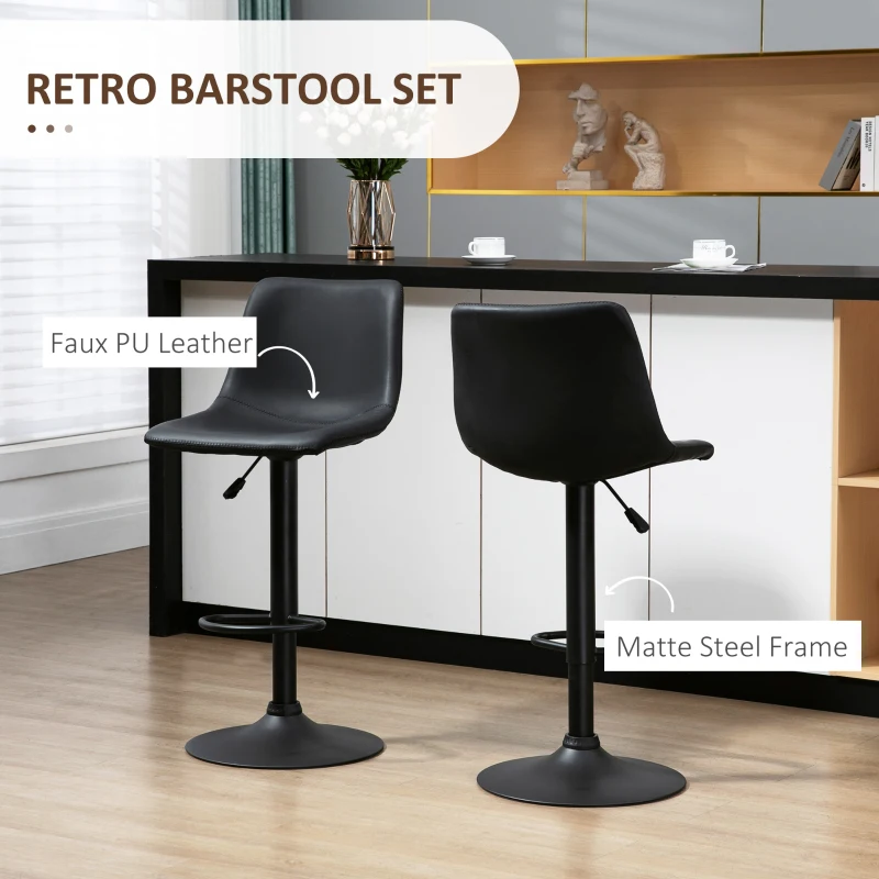 HOMCOM Adjustable Counter Height Bar Stools Set of 2, 360° Swivel Kitchen Counter Stools Dining Chairs with Backs, Vintage Leather, Retro Grey