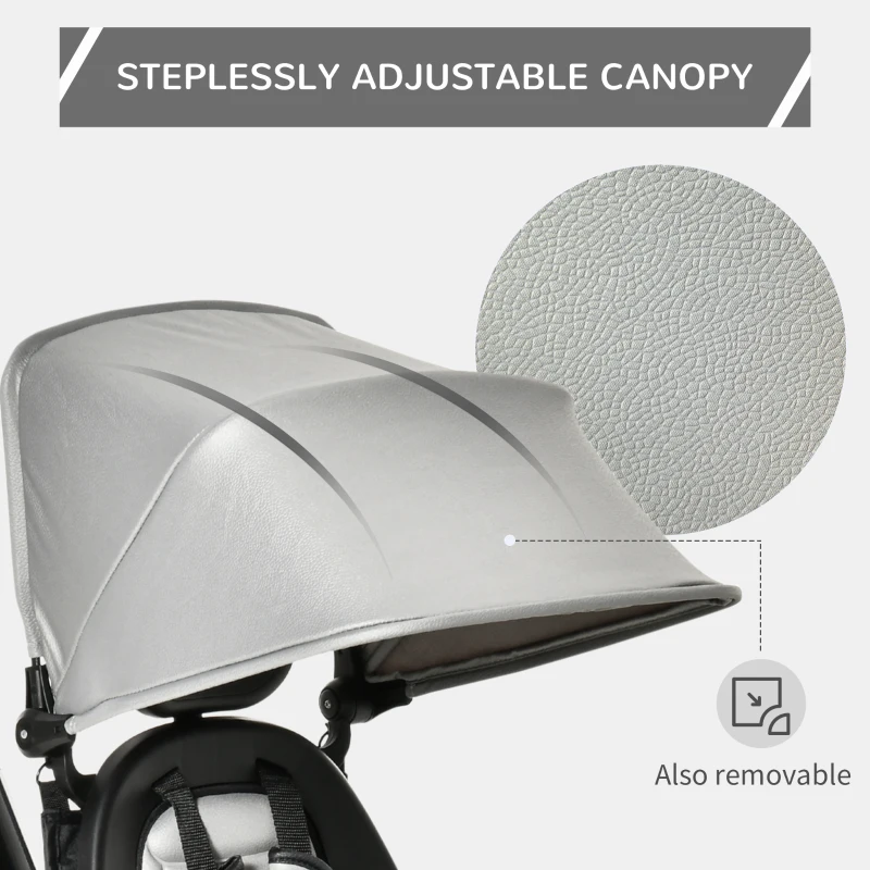 Qaba Tricycle for Toddler 4 in 1 Kids Trike with Reversible Adjustable Seat, Baby Push Bike with Removable Handle, Canopy, Belt Storage Brake Clutch for 1-5 Years, Grey