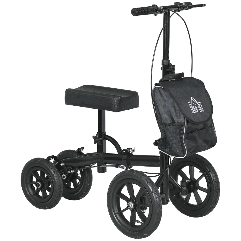 HOMCOM Adjustable Steerable Knee Walker, Foldable Knee Scooter with Rubber Wheels, Dual Brake, Crutch Alternative, Black