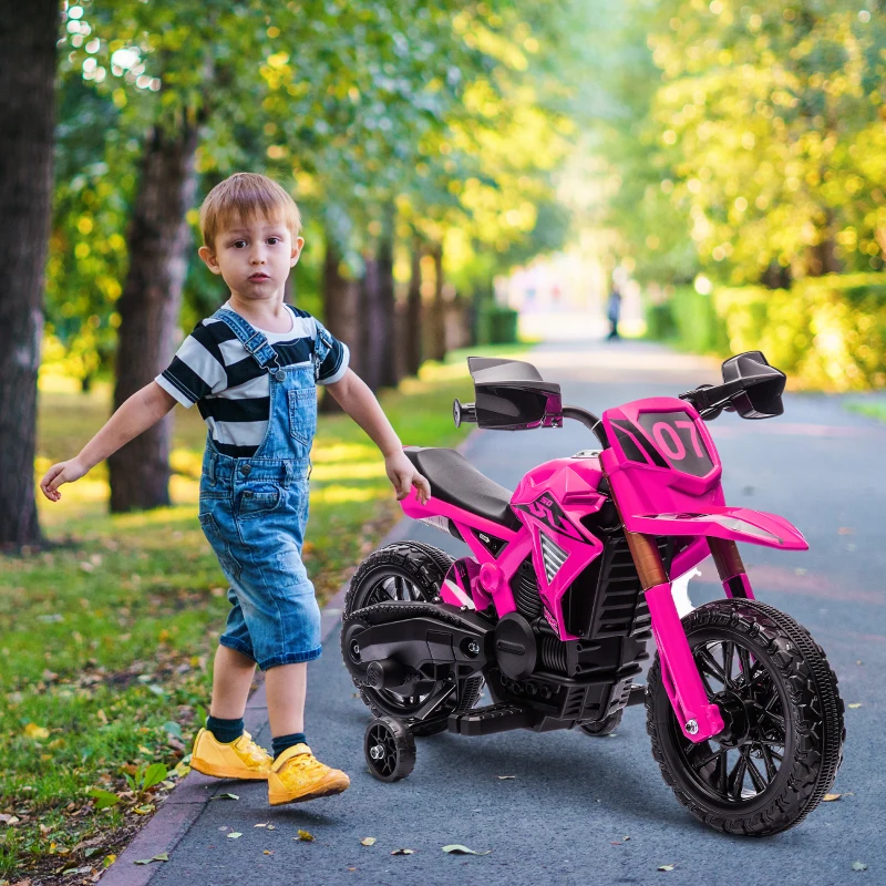 Qaba 6V Kids Motorcycle with Training Wheels, Horn & Start Sound, for 3-8 Years, Pink
