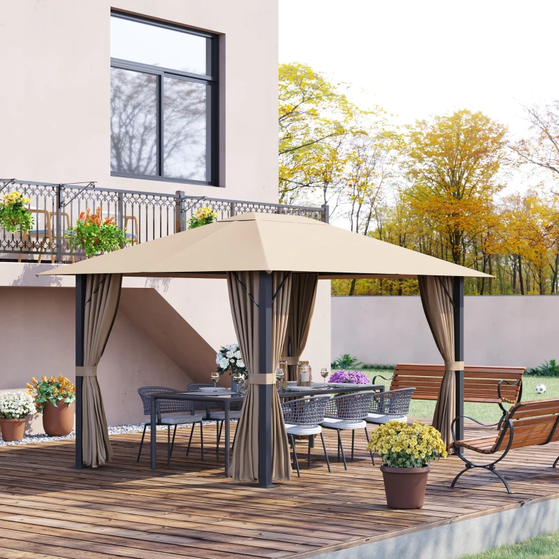 Outsunny 10' x 13' Patio Gazebo Aluminum Frame Outdoor Canopy Shelter with Sidewalls, Vented Roof for Garden, Lawn, Backyard, and Deck, Brown