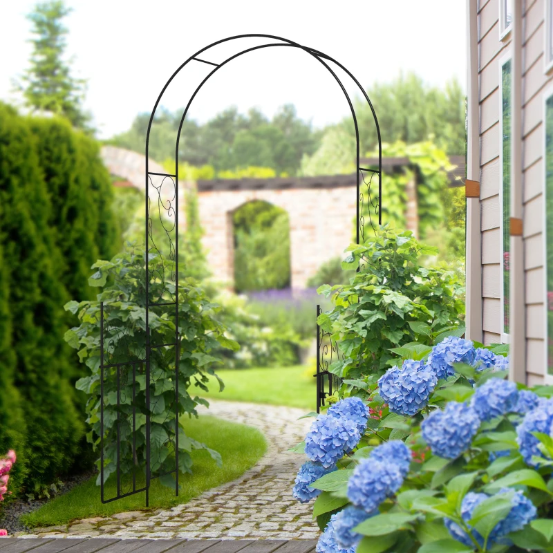 Outsunny 89.25" Metal Garden Arch with Gate, Garden Arbor Trellis for Climbing Plants, Roses, Vines, Wedding Arch, Black