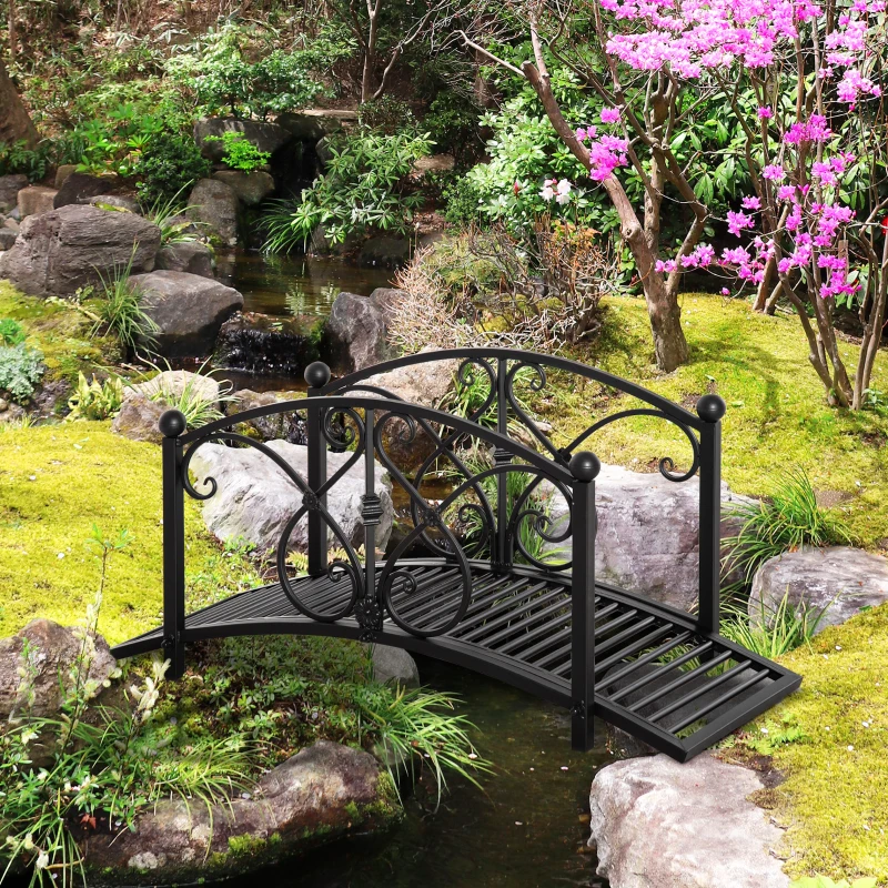 Outsunny Garden Bridge 3.3FT, Decorative Classic Backyard Pond Bridge with Safety Railings Black