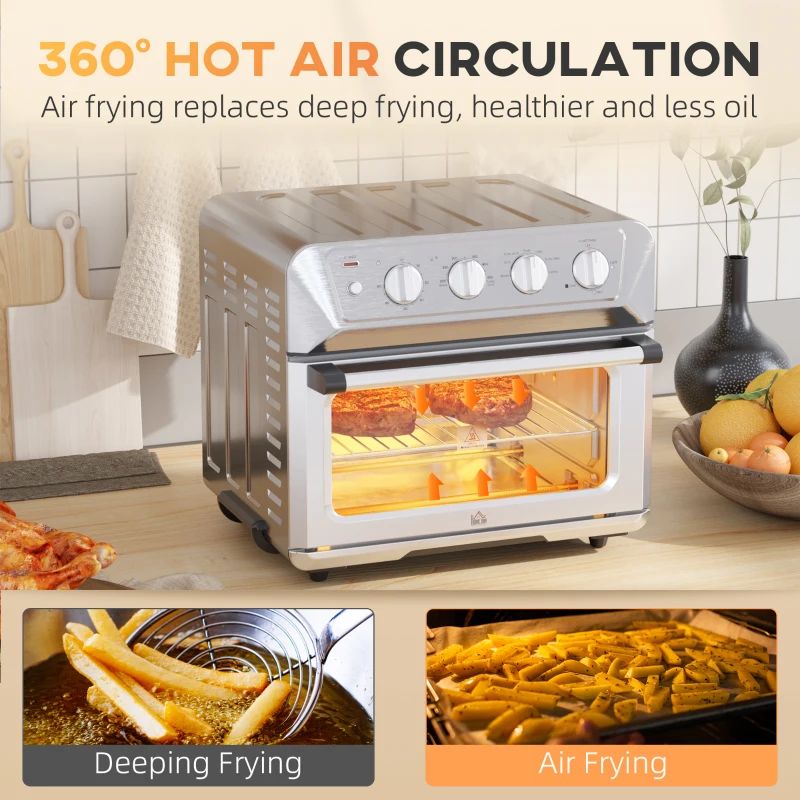 HOMCOM Air Fryer Toaster Oven, 21QT 7-In-1 Convection Oven Countertop, Warm, Broil, Toast, Bake and Air Fry, Accessories Included, 1800W, Stainless Steel Finish