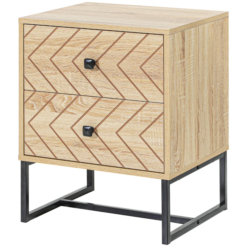 HOMCOM Modern Nightsta, Bedside Table with Drawers, Side End Table with Metal Legs for Bedroom, Zig Zag Design, Natural
