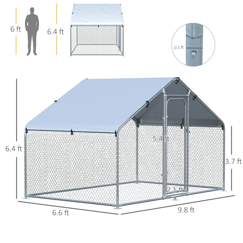 PawHut Large Chicken Coop Metal Chicken Run with Waterproof and Anti-UV Cover, Spire Shaped Walk-in Fence Cage Hen House for Outdoor and Yard Farm Use, 1.3" Tube Diameter, 9.8' x 6.6' x 6.4'