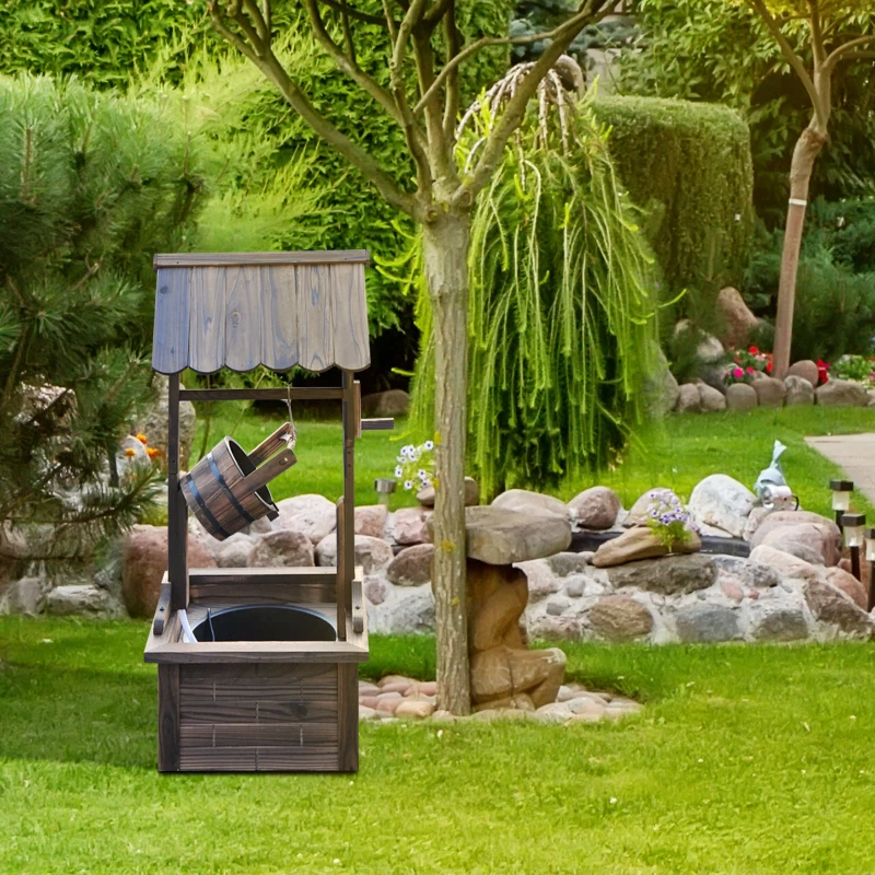 Outsunny Outdoor Wooden Wishing Well Fountain with Adjustable Water Flow Rate, Outdoor Rustic Waterfall Fountain with Electric Pump, Water Bucket, for Backyard Patio Garden Lawn, Carbonized Finish