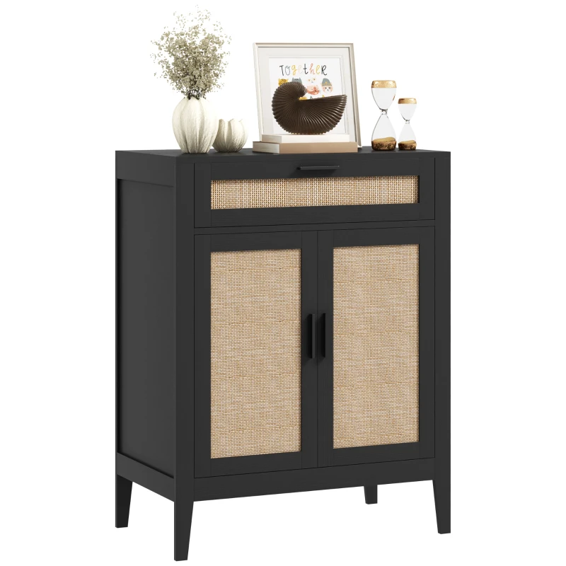 HOMCOM Kitchen Sideboard, Boho Storage Cabinet with 2 Rattan Decorated Doors and Drawer for Dining Room, Black