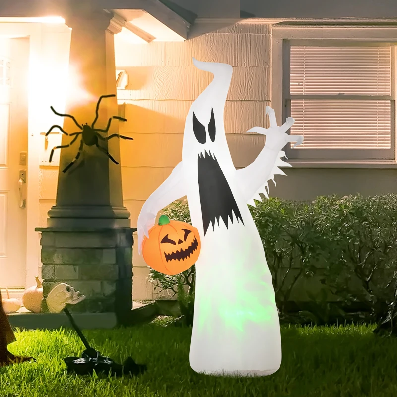 HOMCOM 5.9' Halloween LED Yard Decor Ghost with Pumpkin, Blow Up Inflatable Outdoor Decoration for Garden, Waterproof, Green