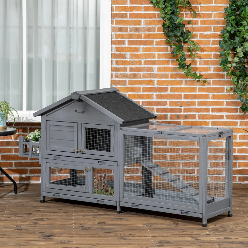 PawHut 65" Wooden Rabbit Hutch, Pet Playpen with Openable Roof, Storage Box, for Rabbits and Small Animals, Dark Grey