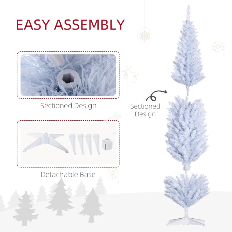 HOMCOM 8ft Unlit Pencil Artificial Christmas Tree with Realistic Branches and 618 Tips, Plastic Base, White