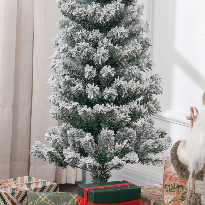 HOMCOM 5ft Flocked Christmas Tree, Pencil Christmas Tree with Realistic Branch Tips, Folding Metal Stand, Green