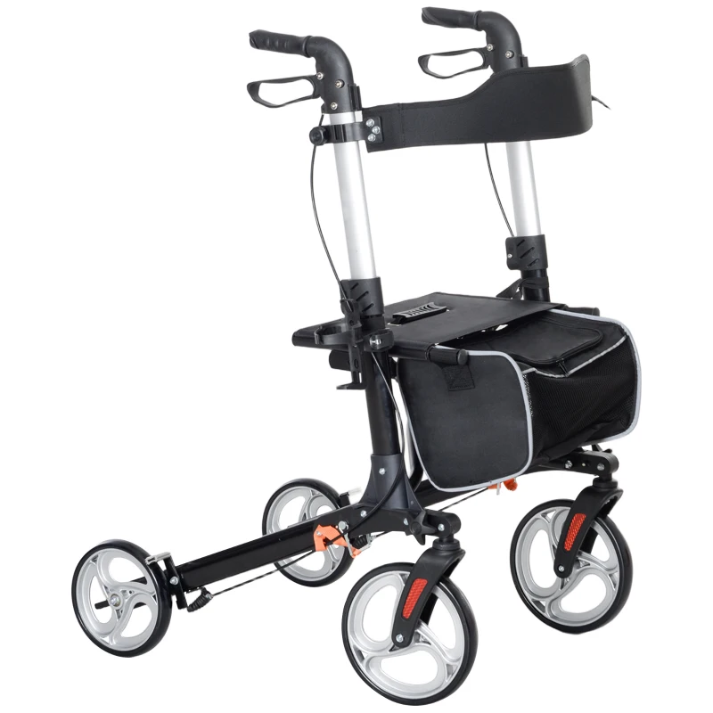 HOMCOM Lightweight Folding Rolling Walker with Large Seat, Back, Adjustable Handle, Bag, Dual Brake, Cane Holder, Black