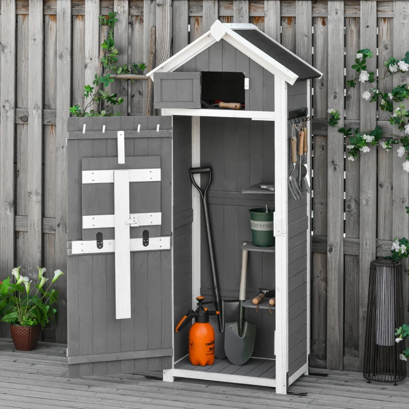 Outsunny 30.75''x 20.75''x71.75'' Garden Wood Storage Shed with Workstation, Hooks and Ground Nails Multifunction Lockable Sheds & Outdoor Storage Asphalt Roof Tool Organizer, Grey