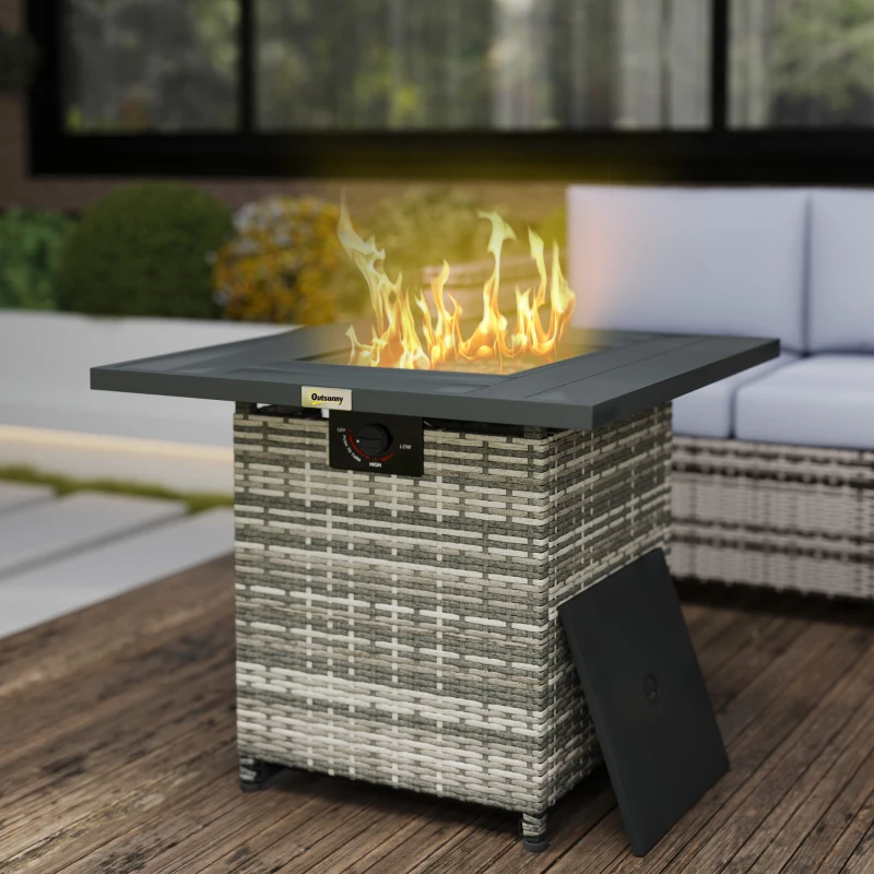 Outsunny 28 Inch Propane Fire Pit Table, 40,000 BTU Rattan Gas Fire Pit Table with Rain Cover, Mesh Lid, Lava Stone, Mixed Grey