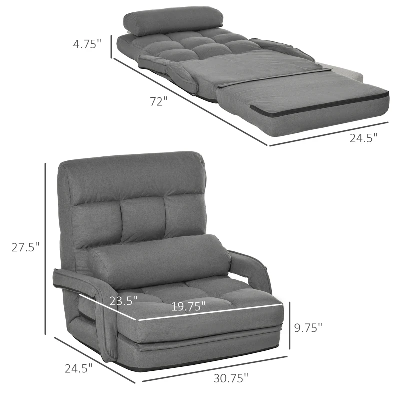 HOMCOM Convertible Floor Sofa Bed, Recliner Armchair Upholstered Sleeper Chair with Pillow for Living Room Bedroom Lounge, Gray