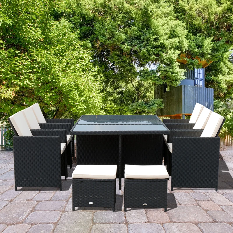 Outsunny 11 Pieces Wicker Patio Dining Set Outdoor Furniture Set with Removable Cushions, Glass Top Dining Table, PE Rattan Conversation Set for Garden Poolside Backyard, Black