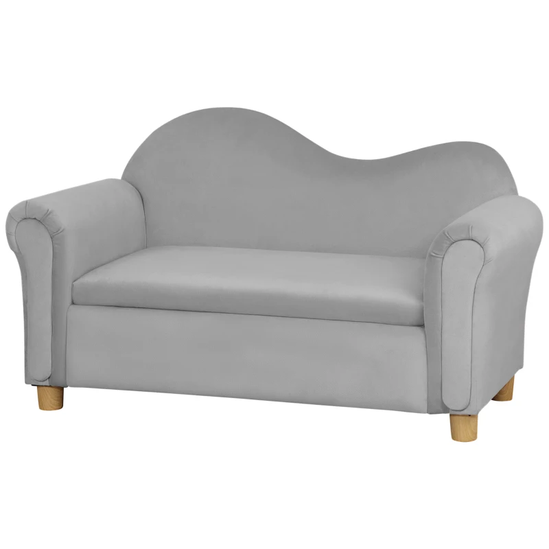Qaba Ergonomic Foam Kids Sofa with Inner Toy Storage Chest, Velvet Kids Couch with Soft Arms, Children's Lounge Furniture, Gray