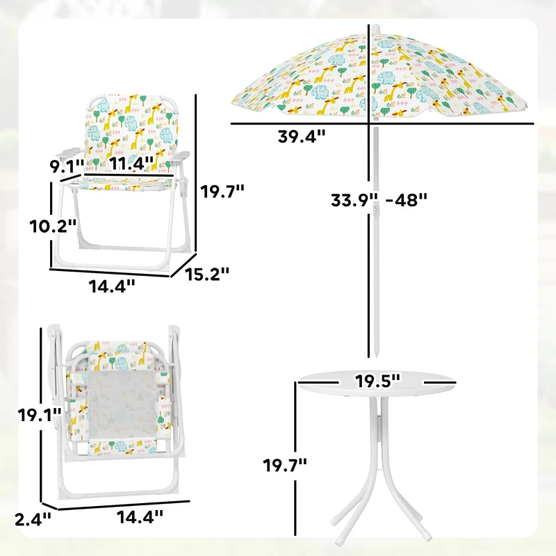 Qaba Kids Picnic Table and Chair Set, Outdoor Activity Table with Foldable Chairs, Removable Umbrella for Backyard, White