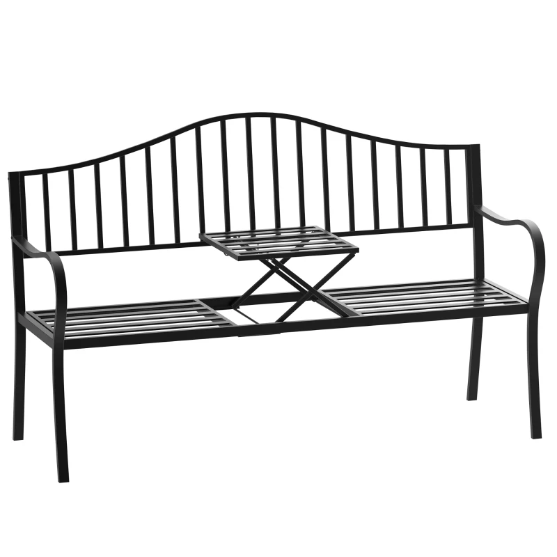Outsunny Outdoor Bench with Retractable Middle Table, Metal Frame Patio Loveseat with Slatted Seat and Backrest, Curved Armrests, Black