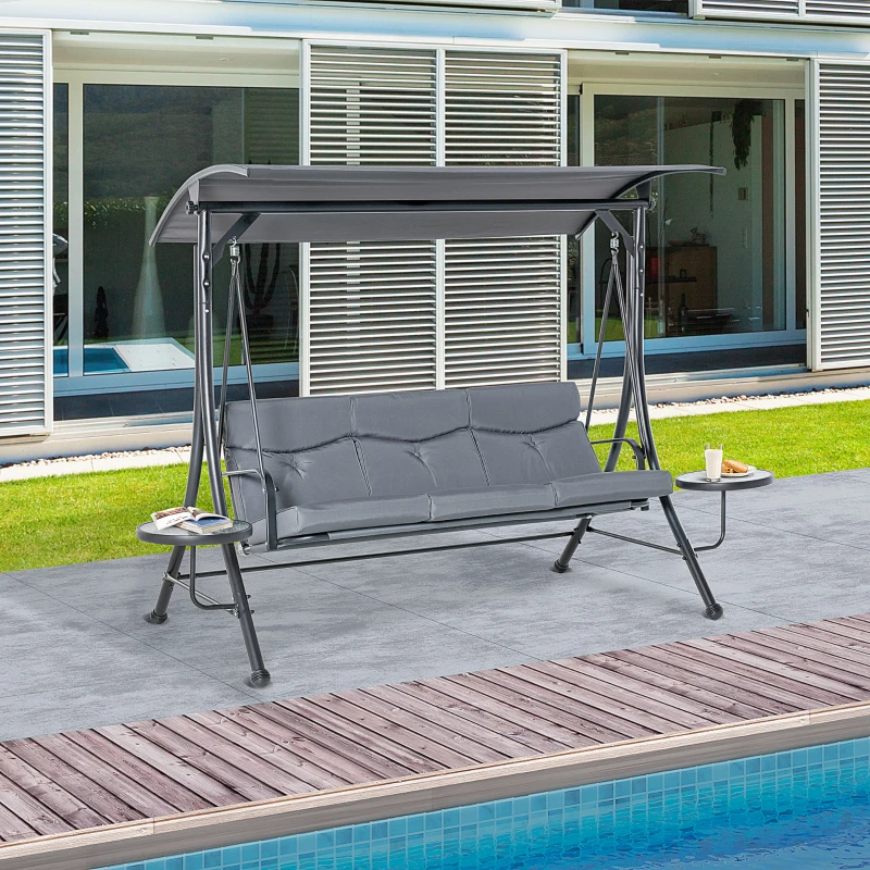 Outsunny 3 Seat Outdoor Swing Chair Steel Swing Bench Porch Swing With Adjustable Canopy, Coffee Tables and Cushion for Patio Garden, Dark Grey