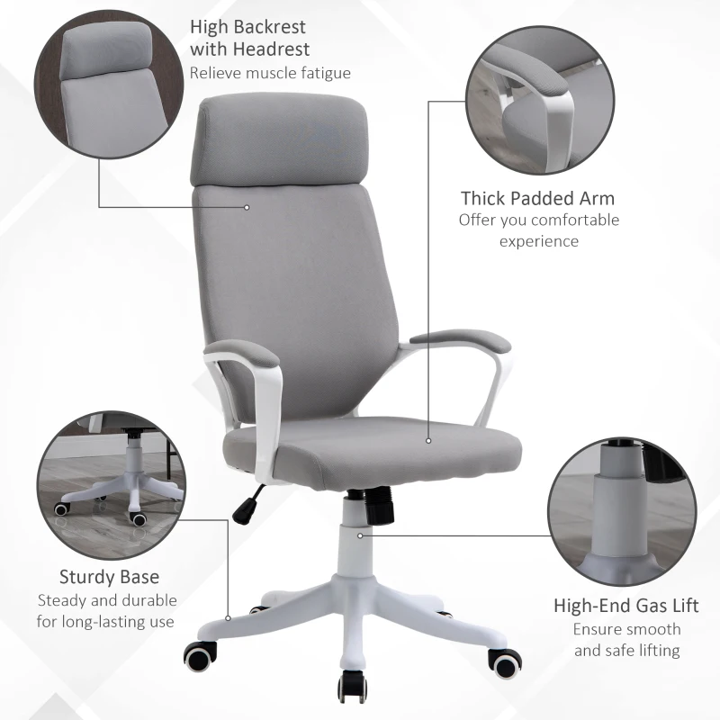 Vinsetto Ergonomic Home Office Chair High Back Computer Desk Chair with Lumbar Back Support, Padded Armrests, Adjustable Height, Grey