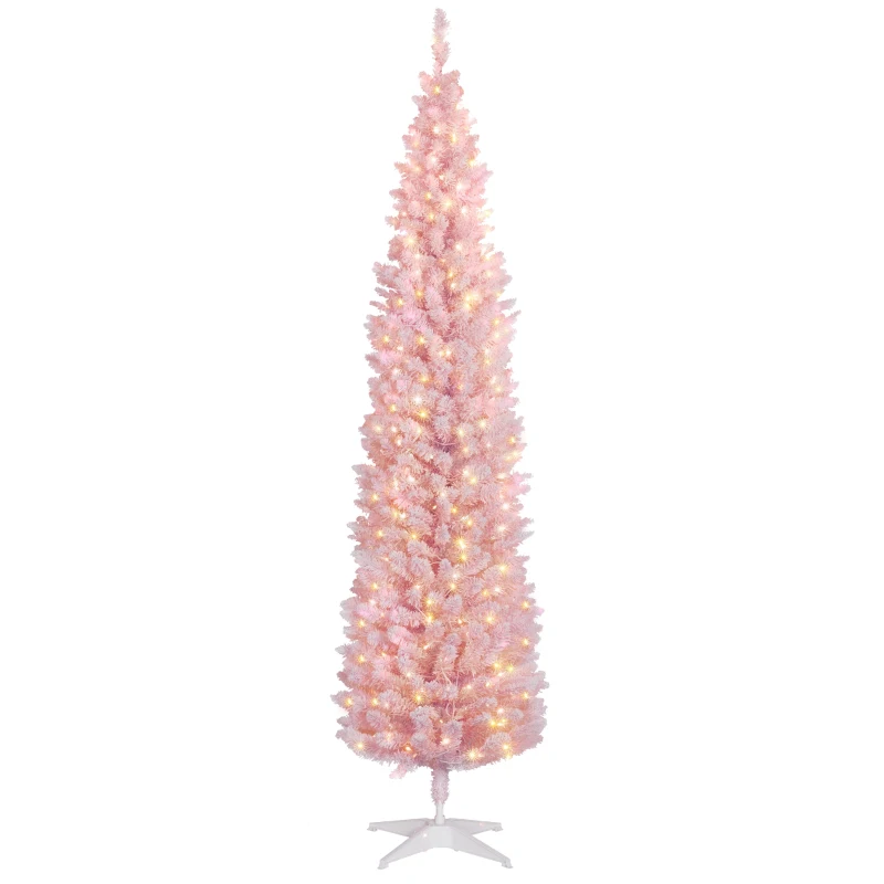 HOMCOM 7ft Pencil Christmas Tree, Slim Artificial Christmas Tree with Snow Flocked Branches and Warm White LED Lights, Pink