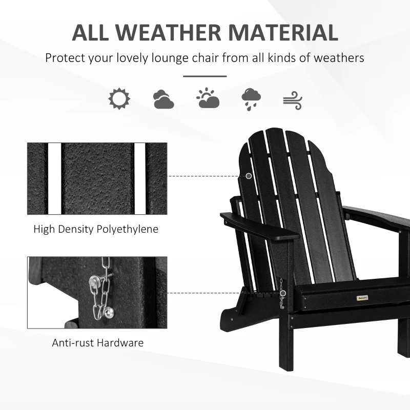 Outsunny Folding Adirondack Chair, HDPE Fire Pit Chair, Weather Resistant Outdoor Chair for Patio, Garden, Backyard, Lawn, Black