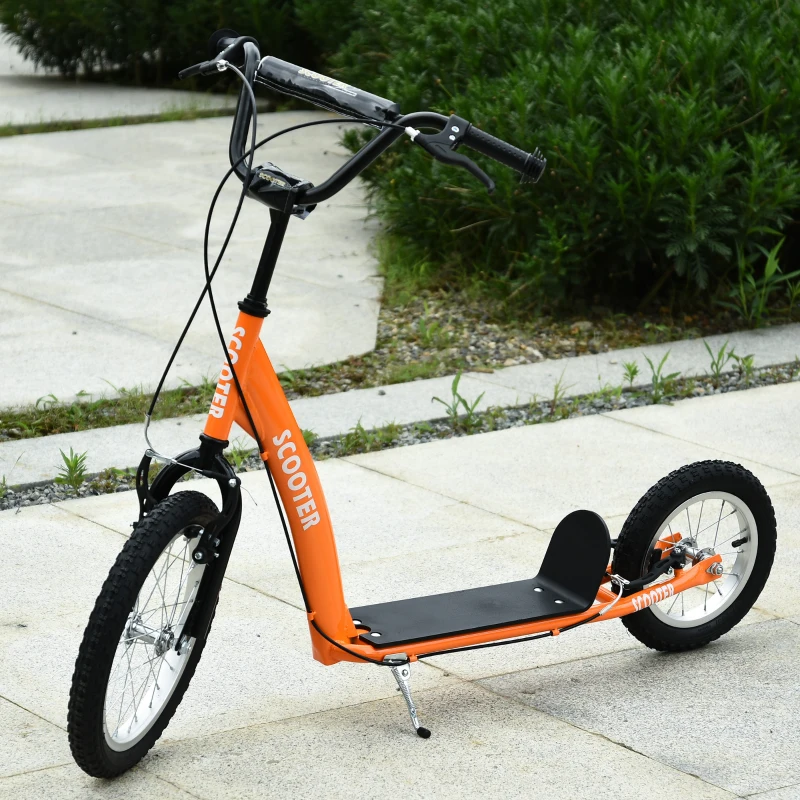 Aosom Youth Scooter Kick Scooter for Kids 5+ with Adjustable Handlebar 16" Front and 12" Rear Dual Brakes Inflatable Wheels, Orange