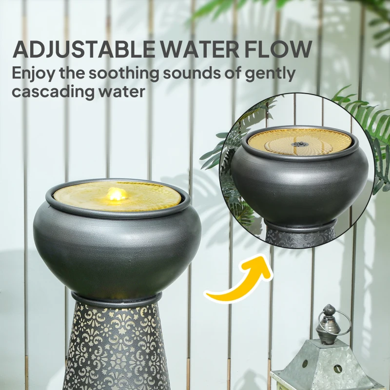 Outsunny 28" Tall Outdoor Water Fountain with LED Lights, Bowl Garden Waterfall Fountain with Adjustable Flow, Outdoor Water Feature with Cut-out Floral Base, Dark Grey and Yellow