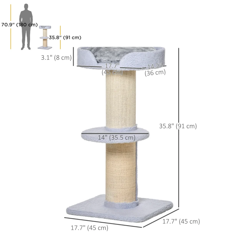 PawHut Cat Tree Kitty Tower with Sisal Mat Scratching Post, Cat Bed, Cushion, Perch, 18" x 18" x 36",  Light Blue