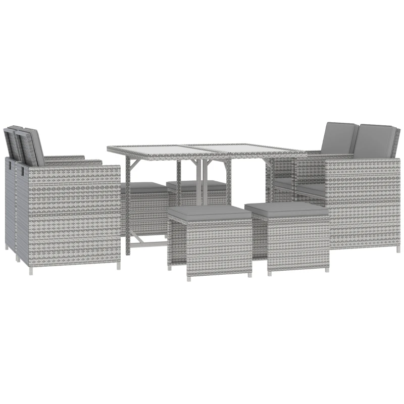 Outsunny 9 Pieces Outdoor Dining Set for 8, Space Saving Wicker Chairs and Square Glass Table with Cushions and Ottomans, Rattan Conversation Patio Furniture Set for Garden, Light Gray/Dark Gray