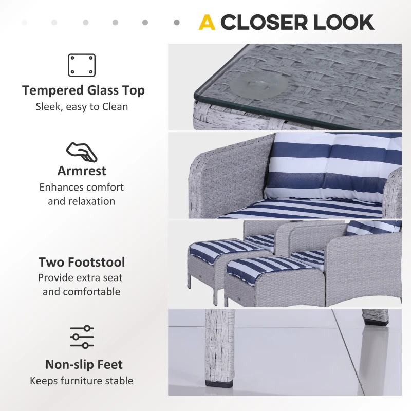 Outsunny 5 Pieces Wicker Patio Furniture Sofa Set Thick Padded Cushions, Outdoor PE Rattan Conversation Coffee Set with Armchairs, Footstools and Glass Top Table, Blue and White