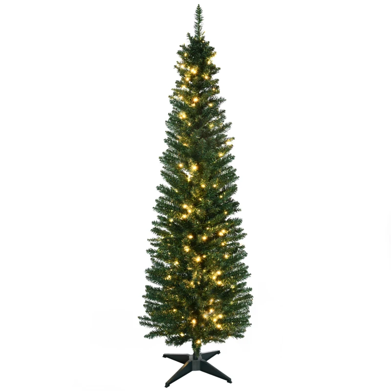 HOMCOM 6' Pre Lit Artificial Pencil Christmas Trees, Xmas Tree with Realistic Branches and Warm White LED Lights, Green