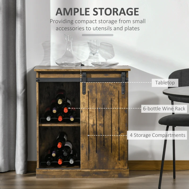 HOMCOM Industrial Wine Cabinet, Sideboard Storage Cabinet, Serving Bar Buffet with Sliding Barn Door and 6-Bottle Wine Rack, Brown